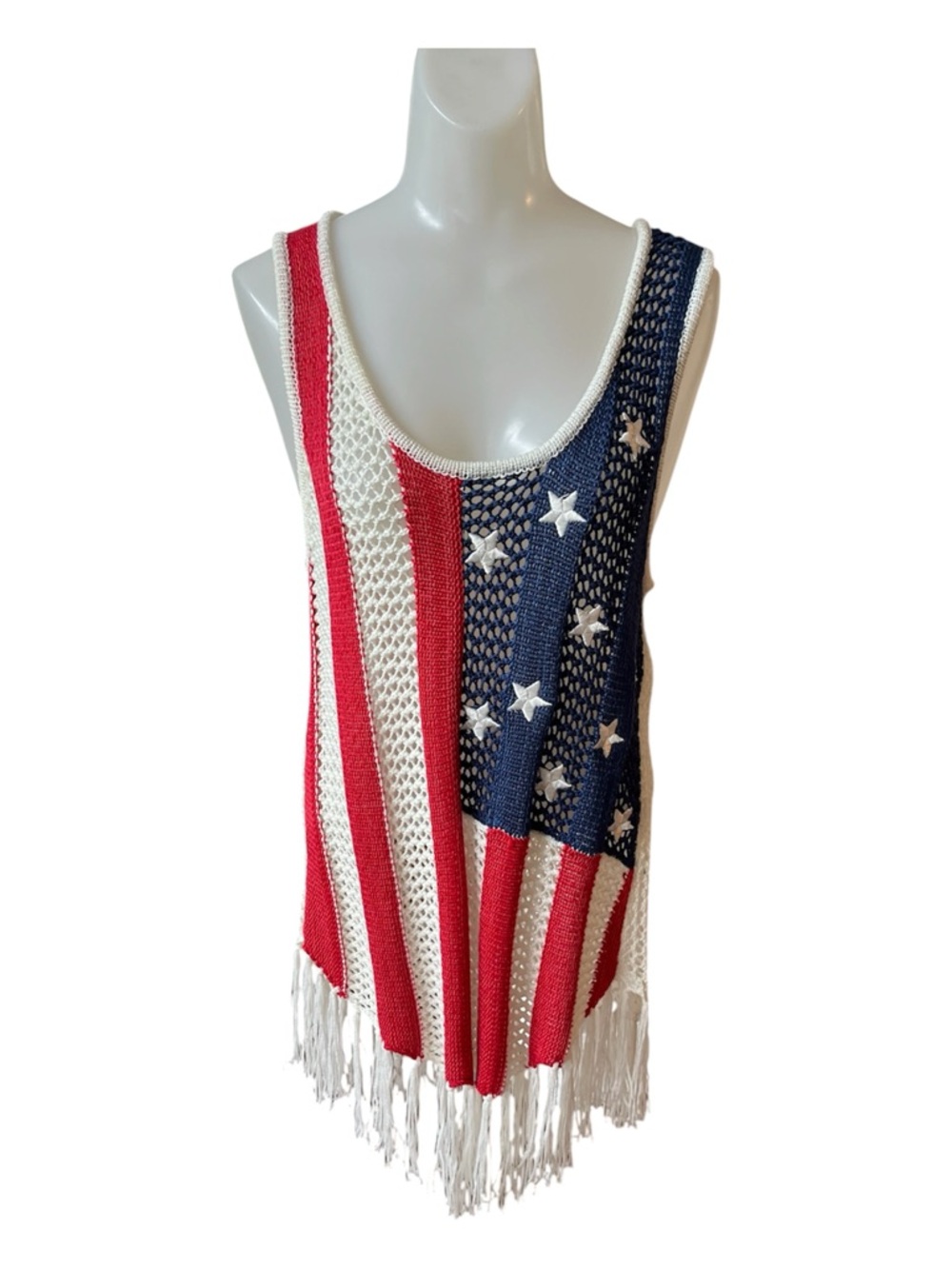 Cloud Chaser American Flag Knit Fringe Swim Cover Up- Red White Blue size L